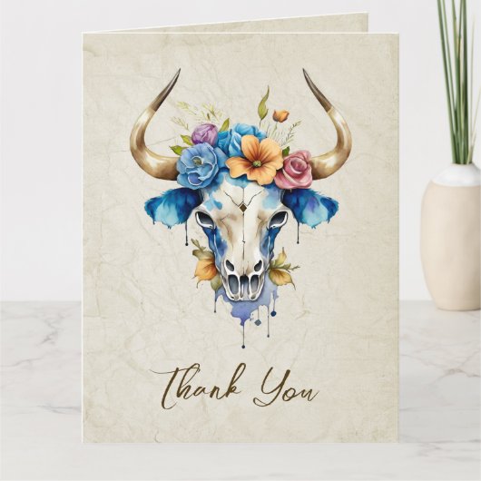 Boho Chic Watercolor Blumenkuh Skull Hochzeit Dankeskarte (Vorderseite)