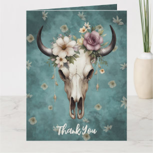 Boho Chic Watercolor Blumenkuh Skull Hochzeit Dankeskarte