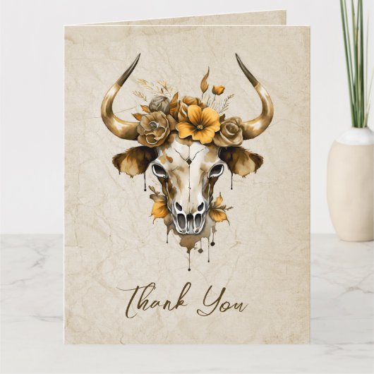 Boho Chic Watercolor Blumenkuh Skull Hochzeit Dankeskarte (Vorderseite)