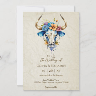 Boho Chic Watercolor Blumenkuh Skull Hochzeit Einladung