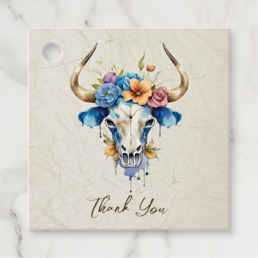 Boho Chic Watercolor Blumenkuh Skull Hochzeit Geschenkanhänger (Vorderseite)