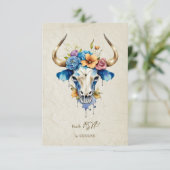 Boho Chic Watercolor Blumenkuh Skull Hochzeit RSVP Karte (Stehend Vorderseite)
