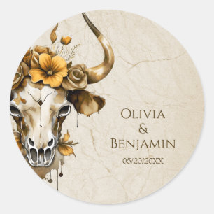 Boho Chic Watercolor Blumenkuh Skull Hochzeit Runder Aufkleber