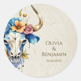 Boho Chic Watercolor Blumenkuh Skull Hochzeit Runder Aufkleber