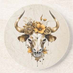 Boho Chic Watercolor Floral Cow Skull Getränkeuntersetzer
