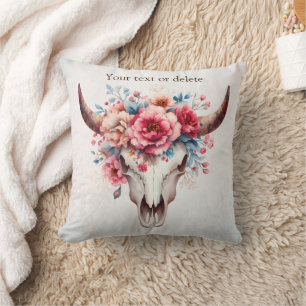 Boho Chic Watercolor Floral Cow Skull Kissen
