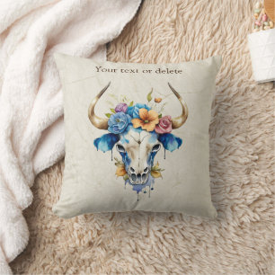 Boho Chic Watercolor Floral Cow Skull Kissen