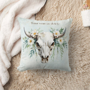Boho Chic Watercolor Floral Cow Skull Kissen