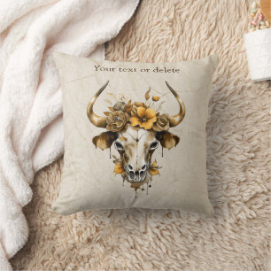 Boho Chic Watercolor Floral Cow Skull Kissen