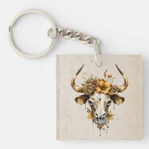 Boho Chic Watercolor Floral Cow Skull Schlüsselanhänger