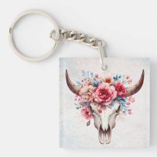 Boho Chic Watercolor Floral Cow Skull Schlüsselanhänger
