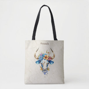 Boho Chic Watercolor Floral Cow Skull Tasche