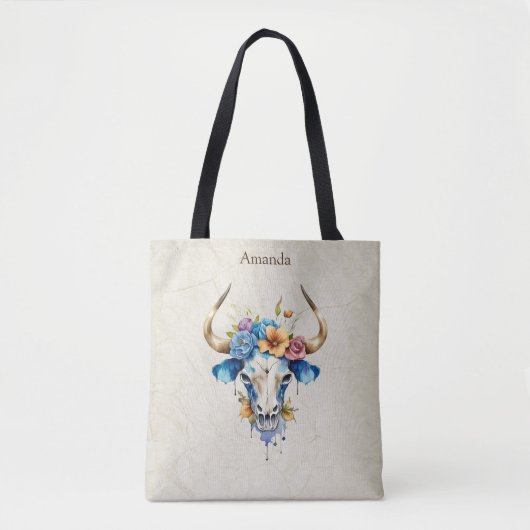 Boho Chic Watercolor Floral Cow Skull Tasche (Vorderseite)