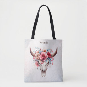 Boho Chic Watercolor Floral Cow Skull Tasche