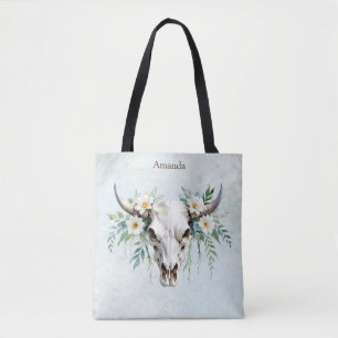 Boho Chic Watercolor Floral Cow Skull Tasche