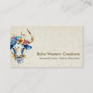 Boho Chic Watercolor Floral Cow Skull Visitenkarte
