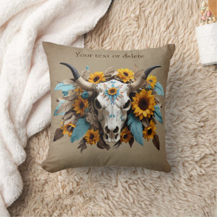 Boho Chic Watercolor Sonnenblumen Feder Kuh Skull Kissen