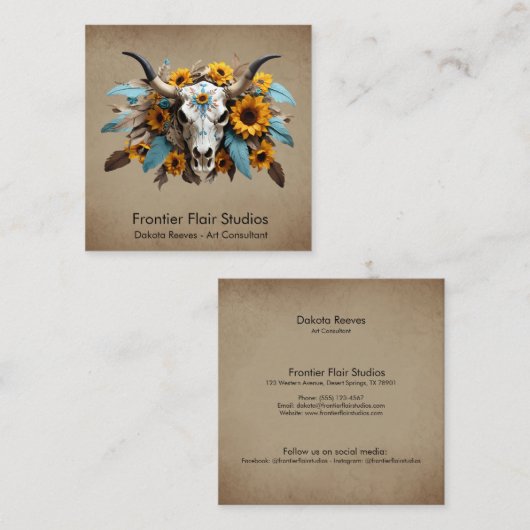 Boho Chic Watercolor Sonnenblumen Feder Kuh Skull Quadratische Visitenkarte (Vorne/Hinten)