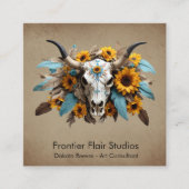 Boho Chic Watercolor Sonnenblumen Feder Kuh Skull Quadratische Visitenkarte (Vorderseite)
