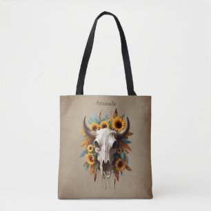 Boho Chic Watercolor Sonnenblumen Feder Kuh Skull Tasche