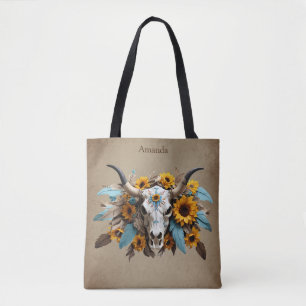 Boho Chic Watercolor Sonnenblumen Feder Kuh Skull Tasche