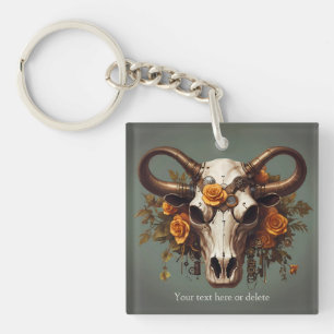 Boho Chic Watercolor Steampunk Floral Cow Skull Schlüsselanhänger