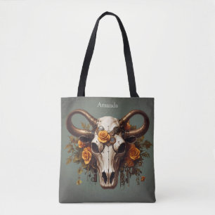 Boho Chic Watercolor Steampunk Floral Cow Skull Tasche