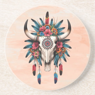 Boho Chic Watercolor Tribal Floral Cow Skull Getränkeuntersetzer
