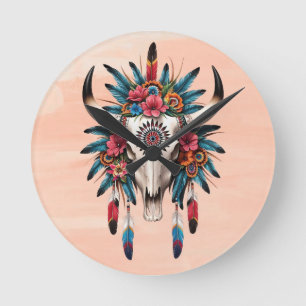 Boho Chic Watercolor Tribal Floral Cow Skull Runde Wanduhr