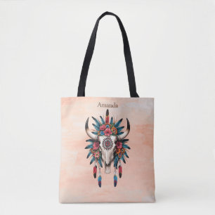 Boho Chic Watercolor Tribal Floral Cow Skull Tasche