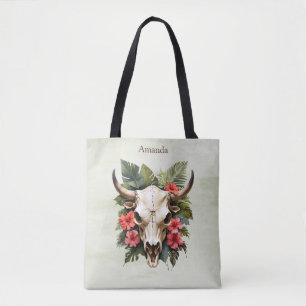 Boho Chic Watercolor Tropischer Kuhschädel Tasche