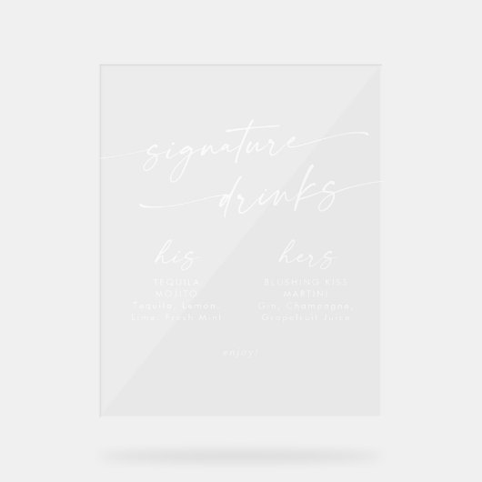 Boho Chic White Clear Wedding Signature Drinks Acrylschild (Vorderseite)