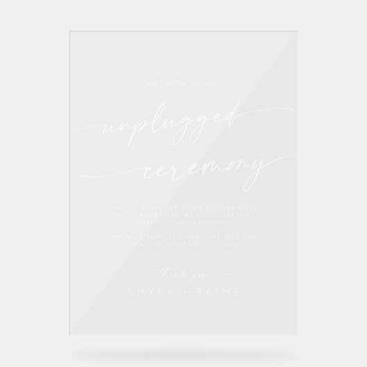 Boho Chic White Clear Wedding Unplugged Zeremonie Acrylschild (Vorderseite)
