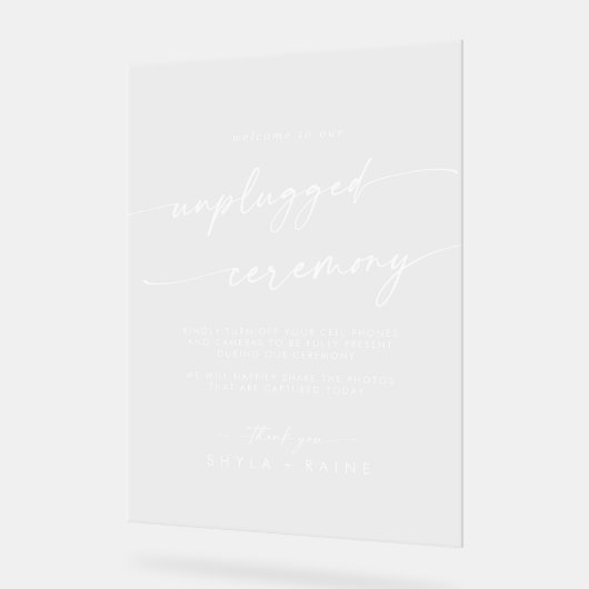 Boho Chic White Clear Wedding Unplugged Zeremonie Acrylschild (Winkel)