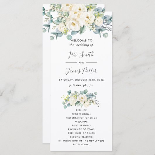 Boho Chic White Floral Eukalyptus Wedding Program Programm (Vorne/Hinten)