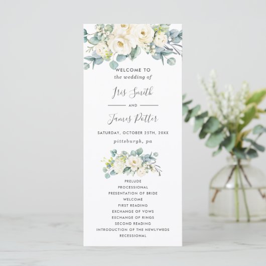 Boho Chic White Floral Eukalyptus Wedding Program Programm (Stehend Vorderseite)