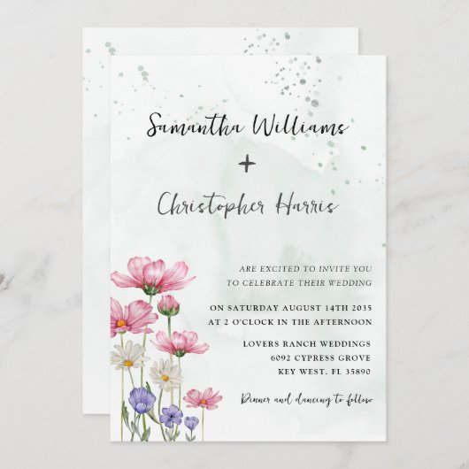 Boho Chic Wild Blume Watercolor Wedding Einladung (Vorne/Hinten)