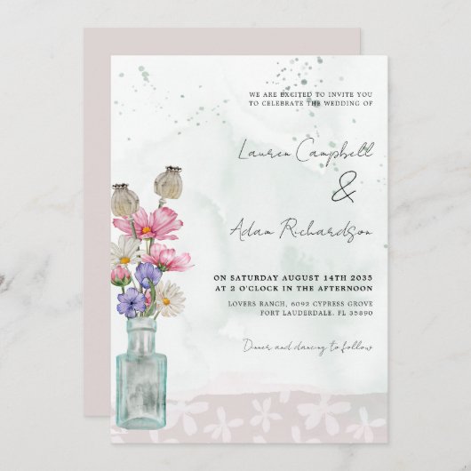 Boho Chic Wild Blume Watercolor Wedding Einladung (Vorne/Hinten)