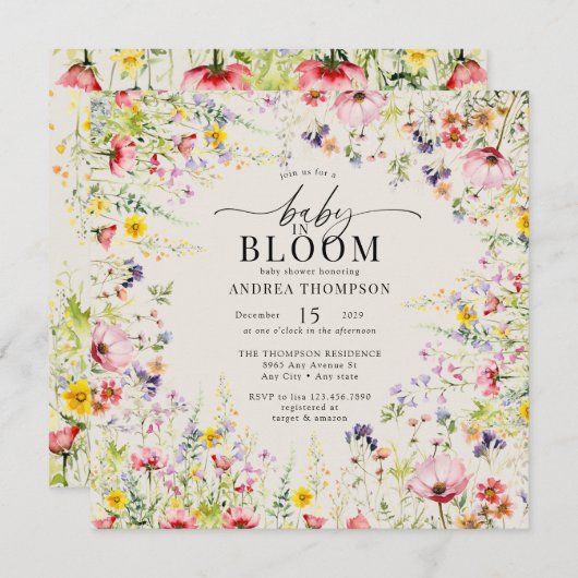 Boho Chic Wildblume Babydusche | Baby in Bloom Einladung (Vorne/Hinten)