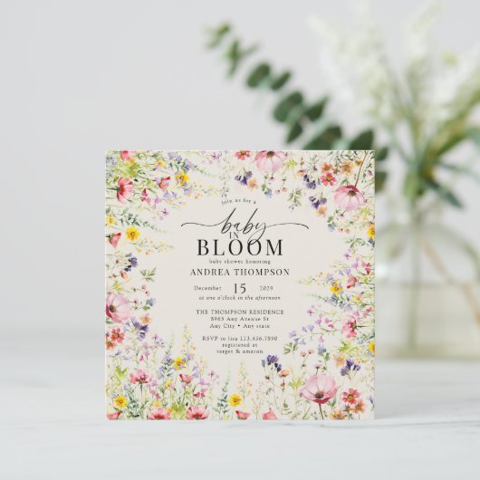 Boho Chic Wildblume Babydusche | Baby in Bloom Einladung (Stehend Vorderseite)