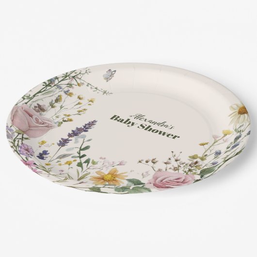 Boho Chic Wildblume Babydusche Pappteller (Schrägansicht)