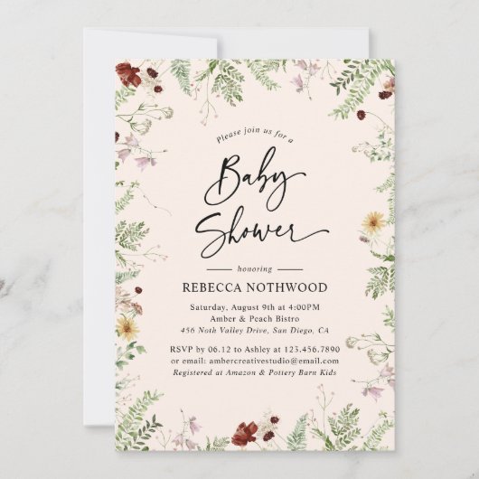 Boho Chic Wildblume in Blush Pink Babydusche Einladung (Vorderseite)