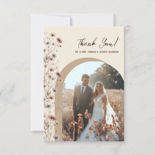 Boho Chic Wildblumen Arch Foto QR Code Hochzeit Dankeskarte (Vorderseite)