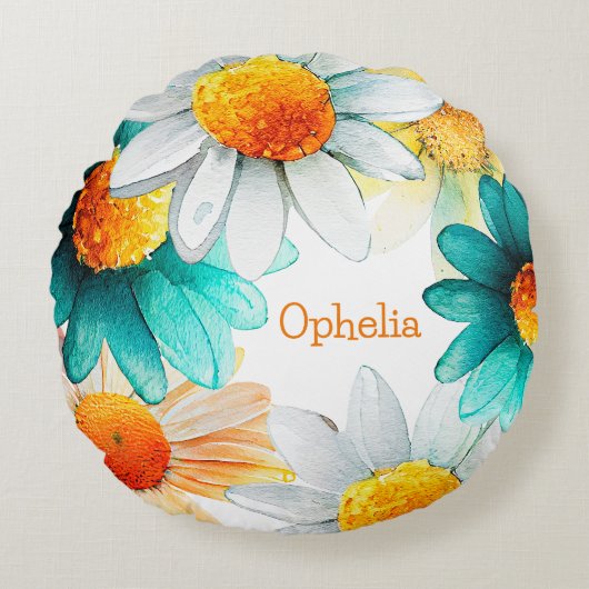 Boho Chic Wildblumen Daisies Pattern Kinderzimmer Rundes Kissen (Vorderseite)