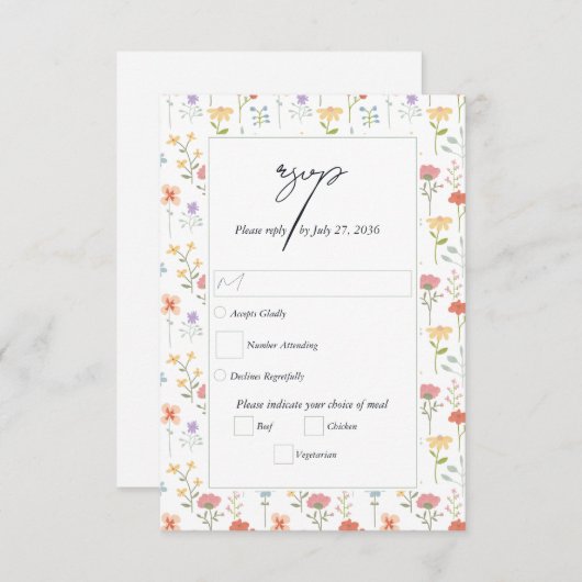 Boho Chic Wildblumen Moderne Blumenhochzeit RSVP Karte (Vorne/Hinten)