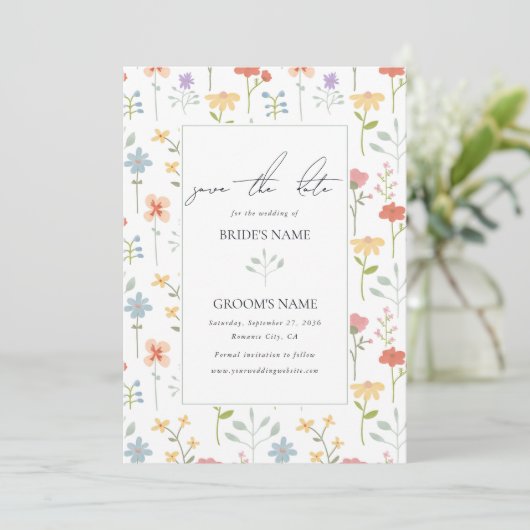Boho Chic Wildblumen Moderne Blumenhochzeit Save The Date (Stehend Vorderseite)