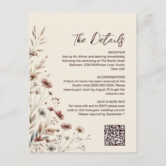 Boho Chic Wildblumen QR Code Hochzeitdetails Begleitkarte (Vorderseite)