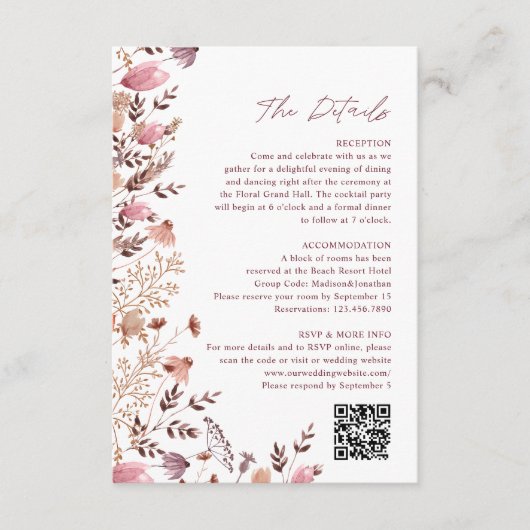 Boho Chic Wildblumen QR Code Hochzeitdetails Begleitkarte (Vorderseite)