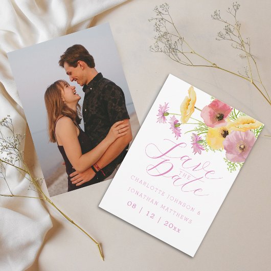 Boho Chic Wildblumen Rosa Blumen Foto Hochzeit Save The Date