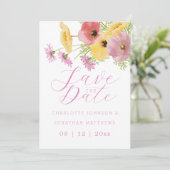 Boho Chic Wildblumen Rosa Blumen Foto Hochzeit Save The Date (Stehend Vorderseite)